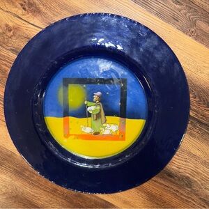 Vtg Shepherd With Flock Of Sheep Nativity Scene Blue Glass Plate 13.25” Diameter
